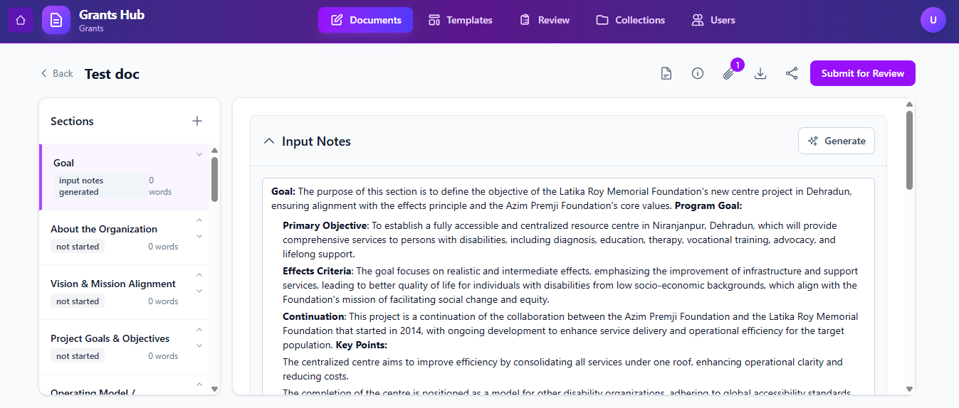AI-powered document drafting for grant applications